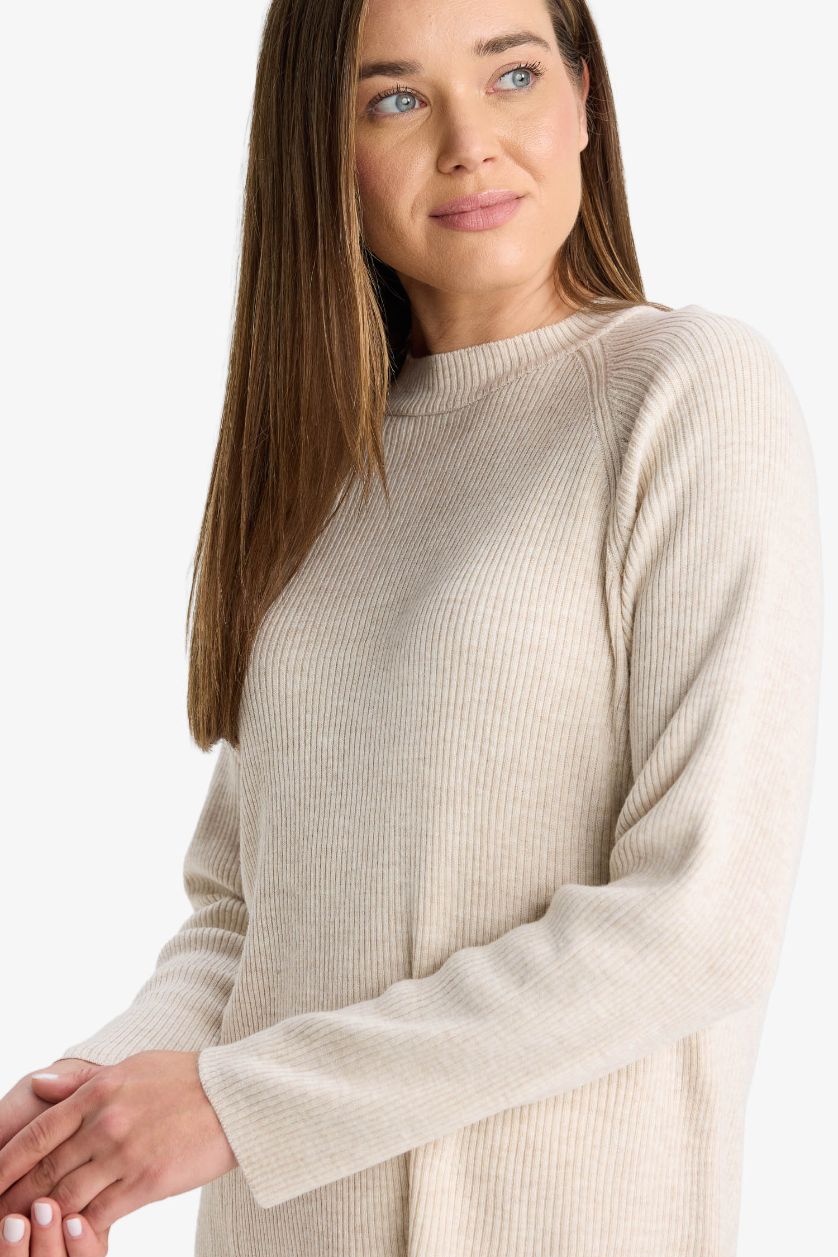 نساء بيج بلوفر قصة عادية بياقة مستديرة