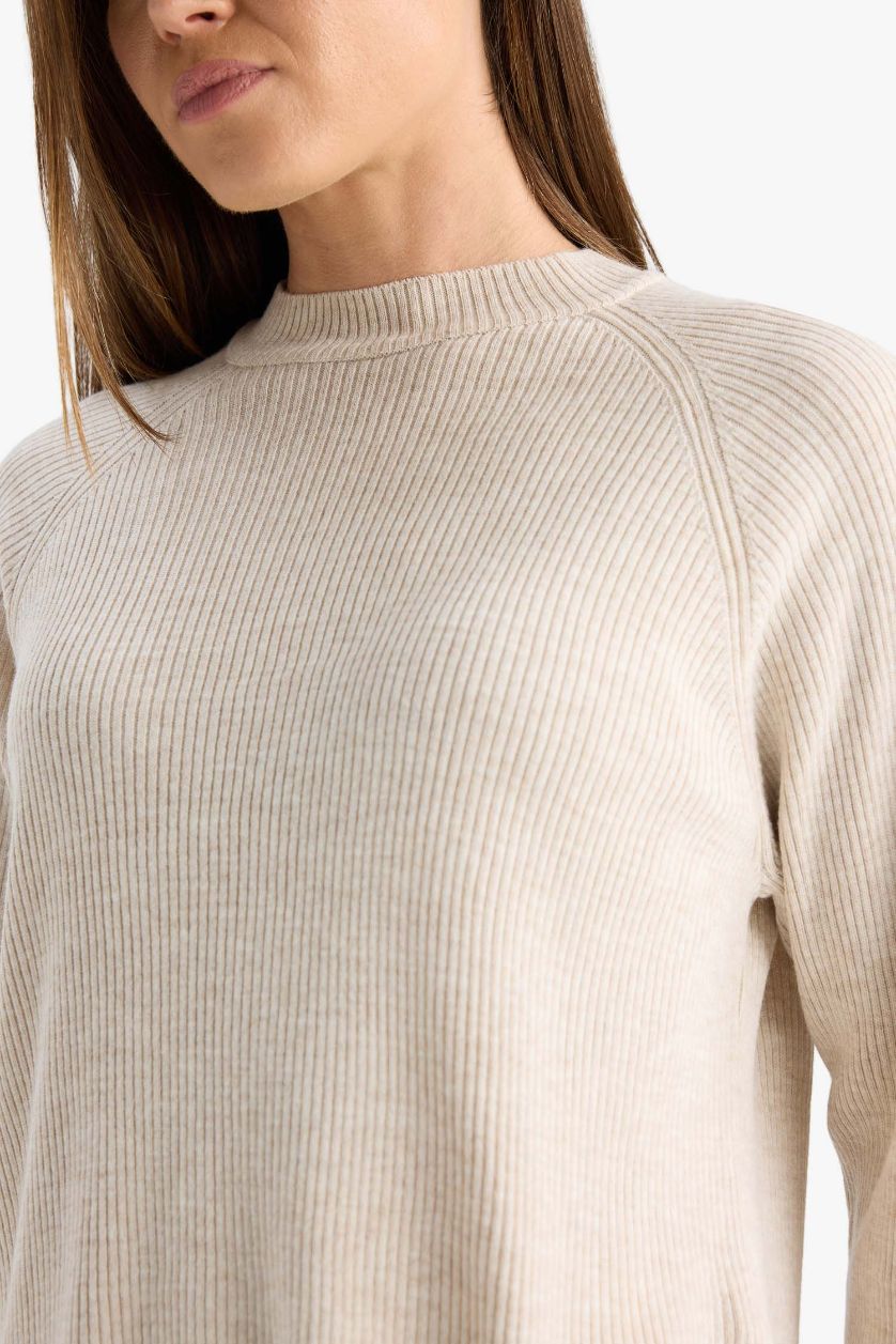 نساء بيج بلوفر قصة عادية بياقة مستديرة