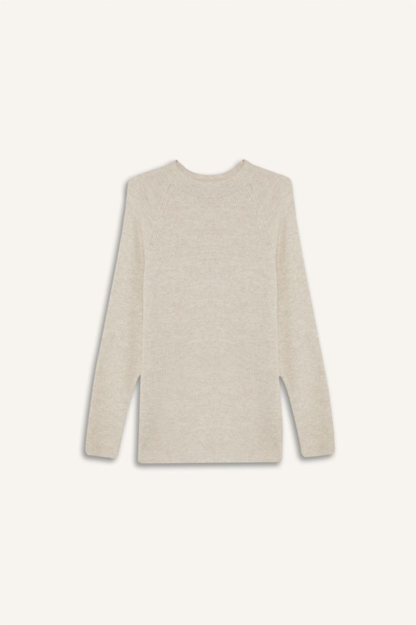 نساء بيج بلوفر قصة عادية بياقة مستديرة