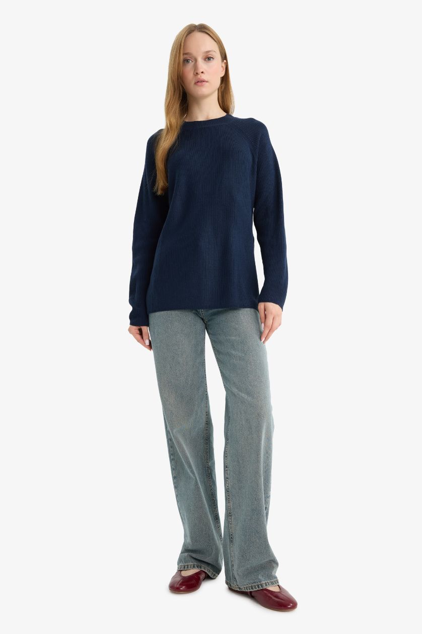 Kadın Lacivert Regular Fit Bisiklet Yaka Basic Düz Triko Kazak