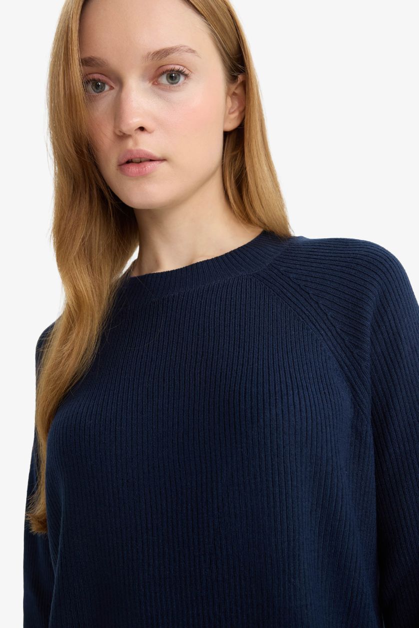 Kadın Lacivert Regular Fit Bisiklet Yaka Basic Düz Triko Kazak