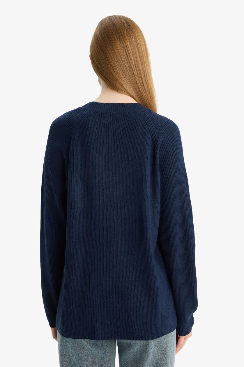 Kadın Lacivert Regular Fit Bisiklet Yaka Basic Düz Triko Kazak