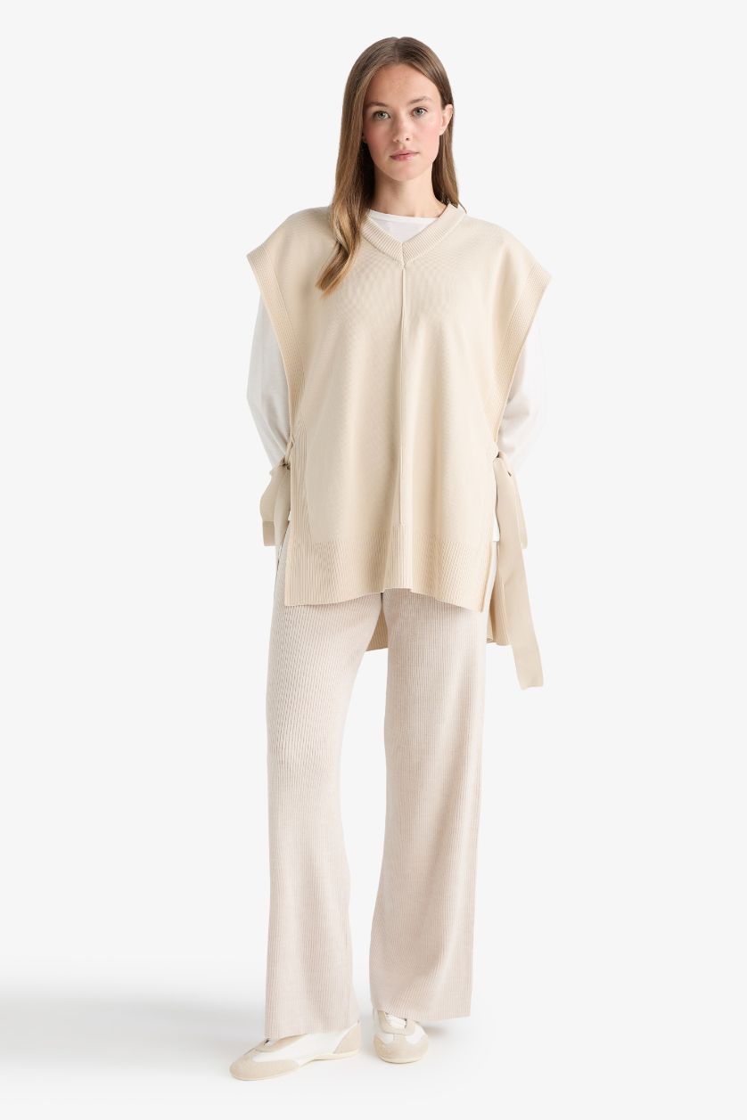 Kadın Açık Bej Melanj Regular Fit Basic Düz Beli Lastikli Düz Paça Triko Pantolon