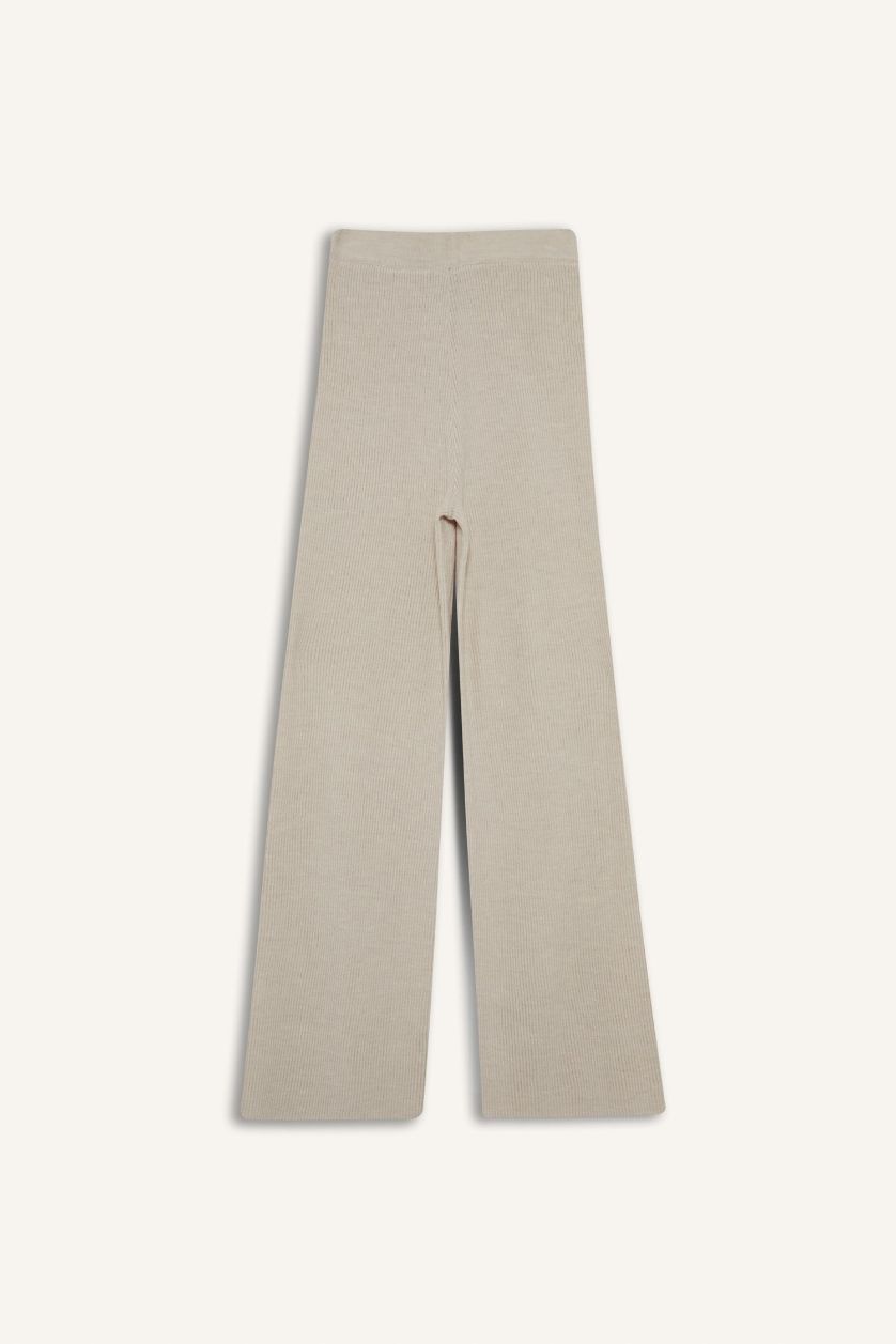 Kadın Açık Bej Melanj Regular Fit Basic Düz Beli Lastikli Düz Paça Triko Pantolon