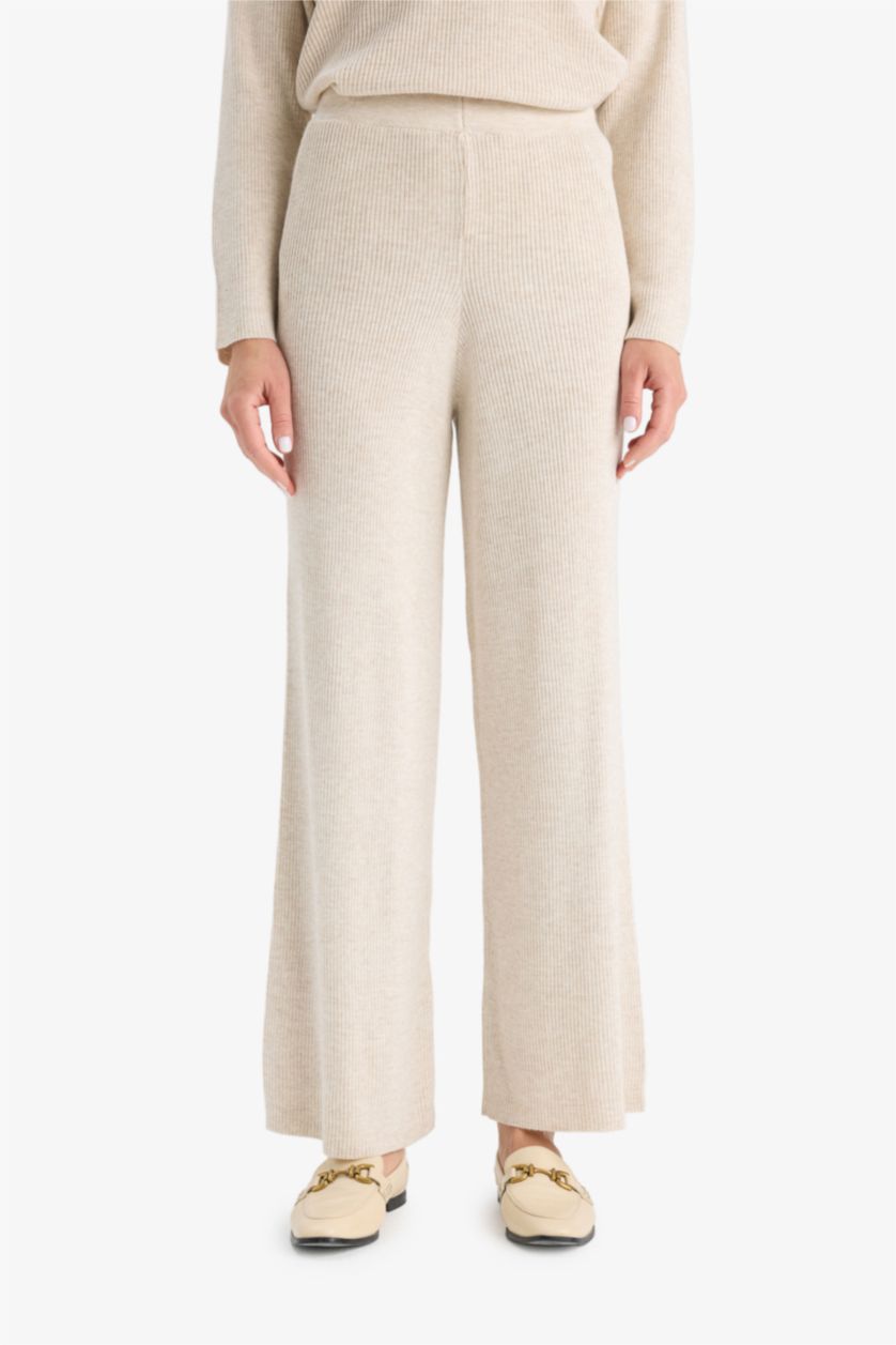 WOMAN Beige Regular Fit Basic Straight Leg Elastic Waist Knit Trousers
