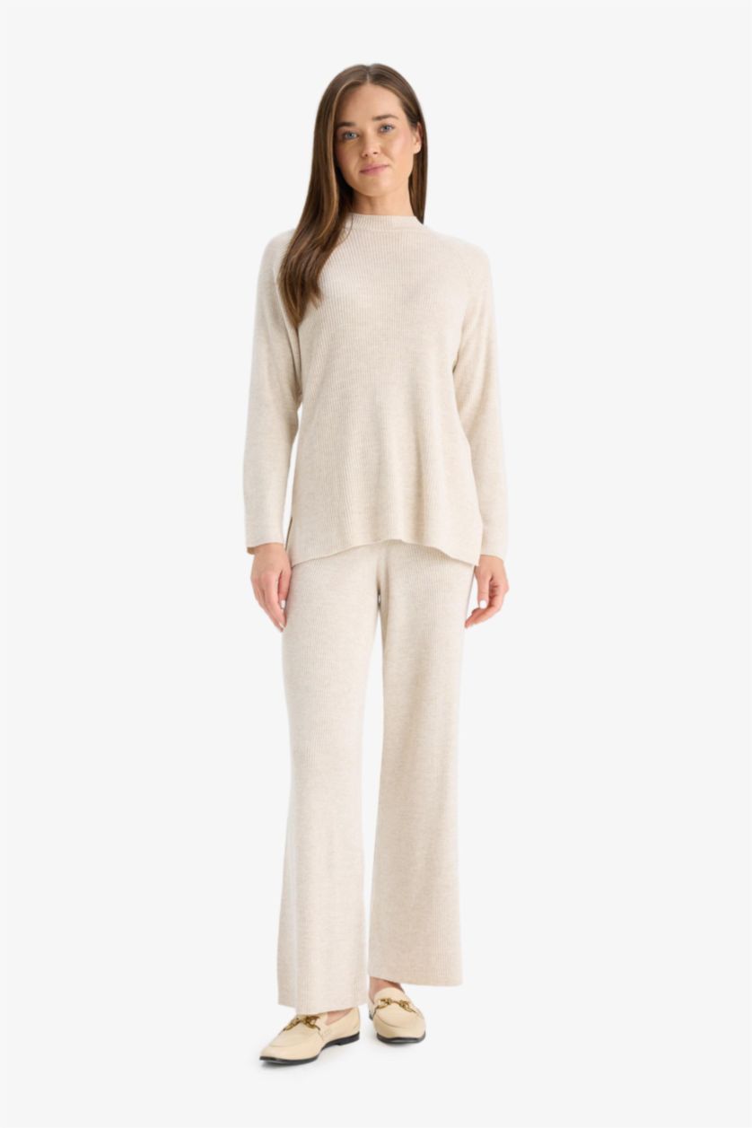 WOMAN Beige Regular Fit Basic Straight Leg Elastic Waist Knit Trousers