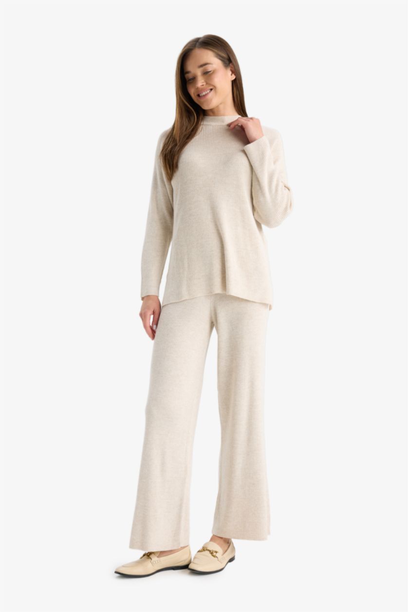 WOMAN Beige Regular Fit Basic Straight Leg Elastic Waist Knit Trousers