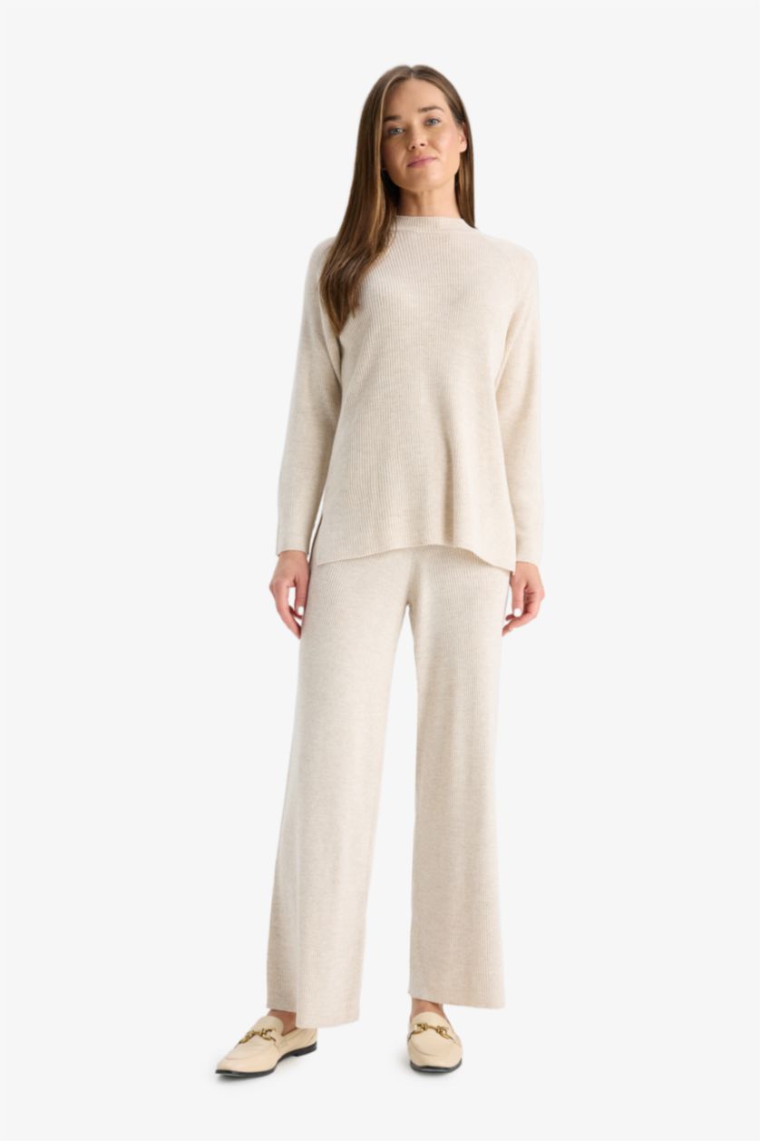 WOMAN Beige Regular Fit Basic Straight Leg Elastic Waist Knit Trousers