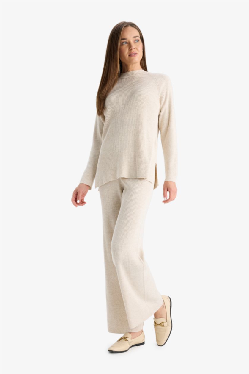 WOMAN Beige Regular Fit Basic Straight Leg Elastic Waist Knit Trousers