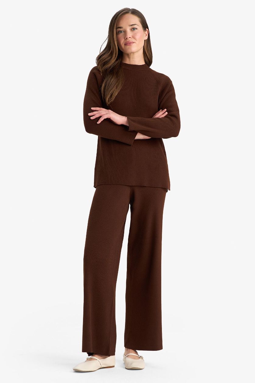 Kadın Koyu Kahve Regular Fit Basic Düz Beli Lastikli Düz Paça Triko Pantolon 