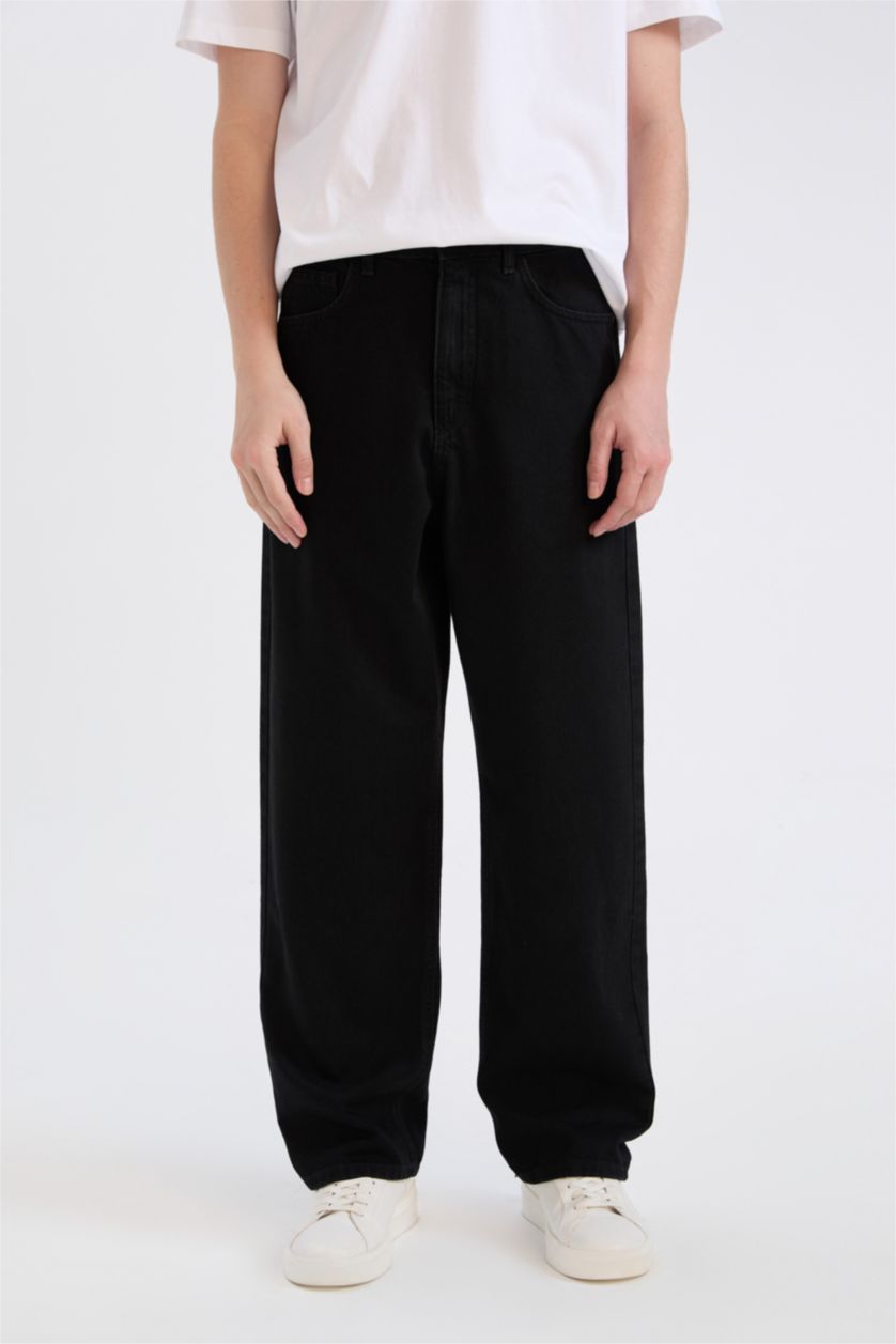 HOMME Noir Pantalon Jean baggy à jambes larges