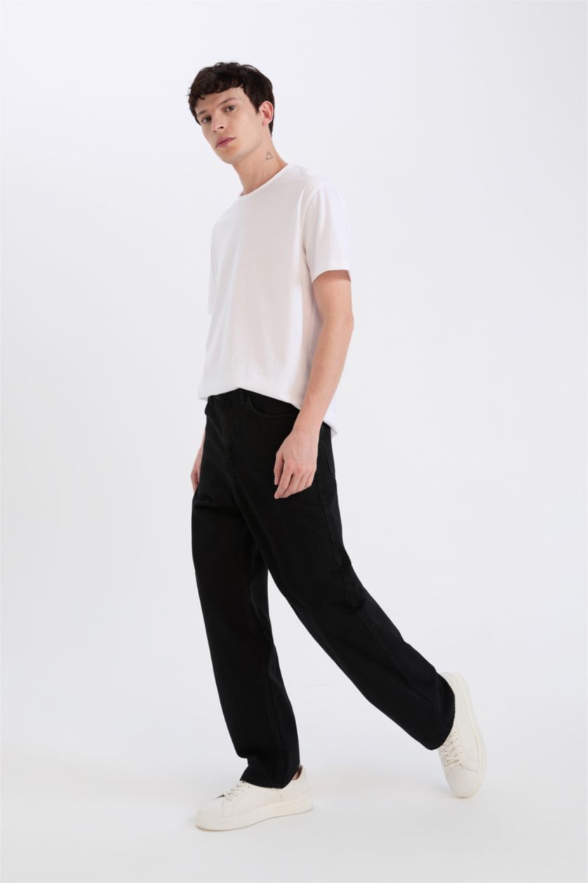 HOMME Noir Pantalon Jean baggy à jambes larges