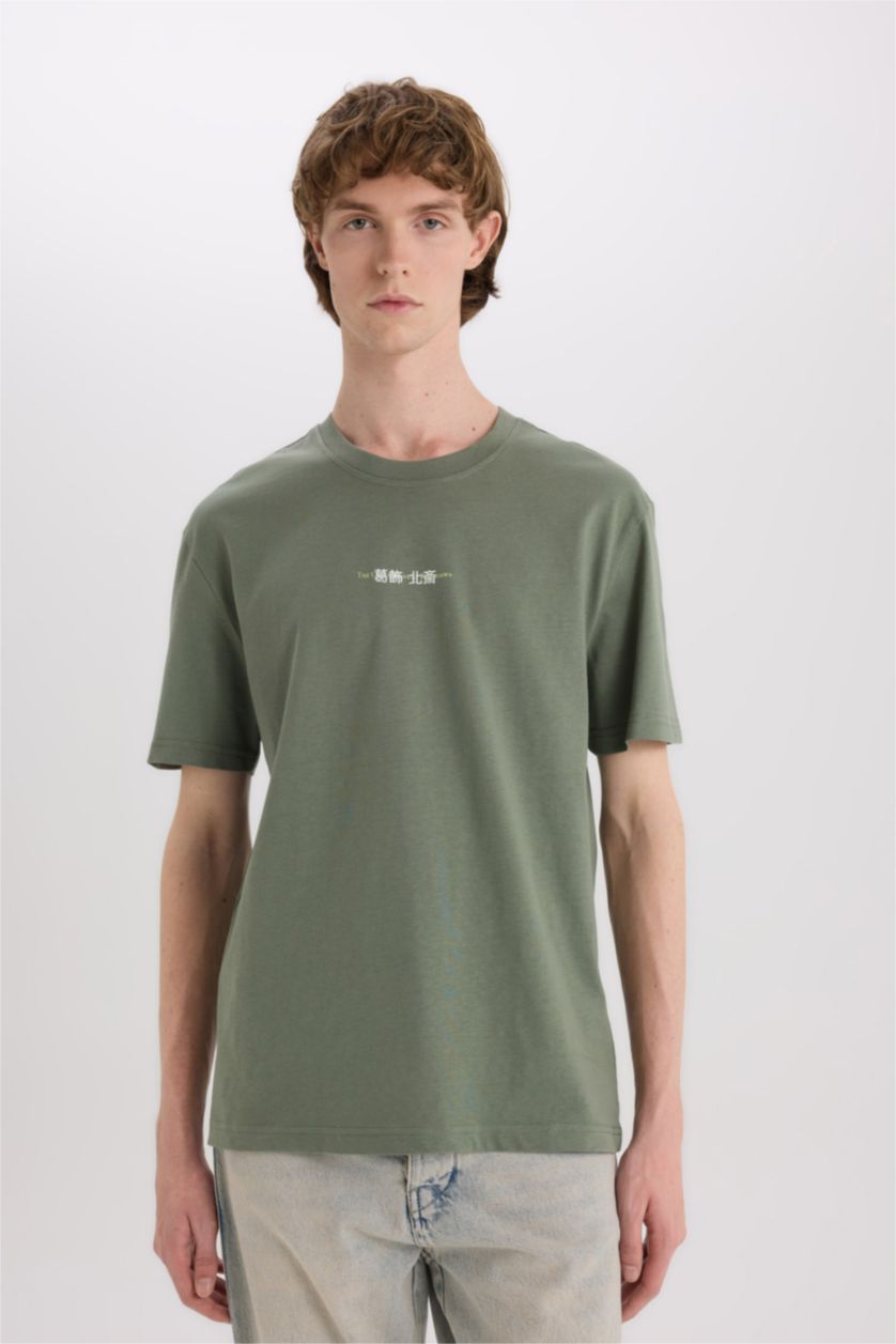 Erkek Açık Haki %100 Pamuk Art Hokusai Regular Fit Bisiklet Yaka Sırt Baskılı Kısa Kollu Tişört