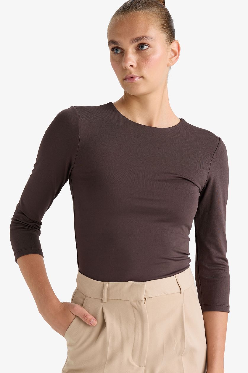 WOMAN Brown Crew Neck Long Sleeve Bodysuit