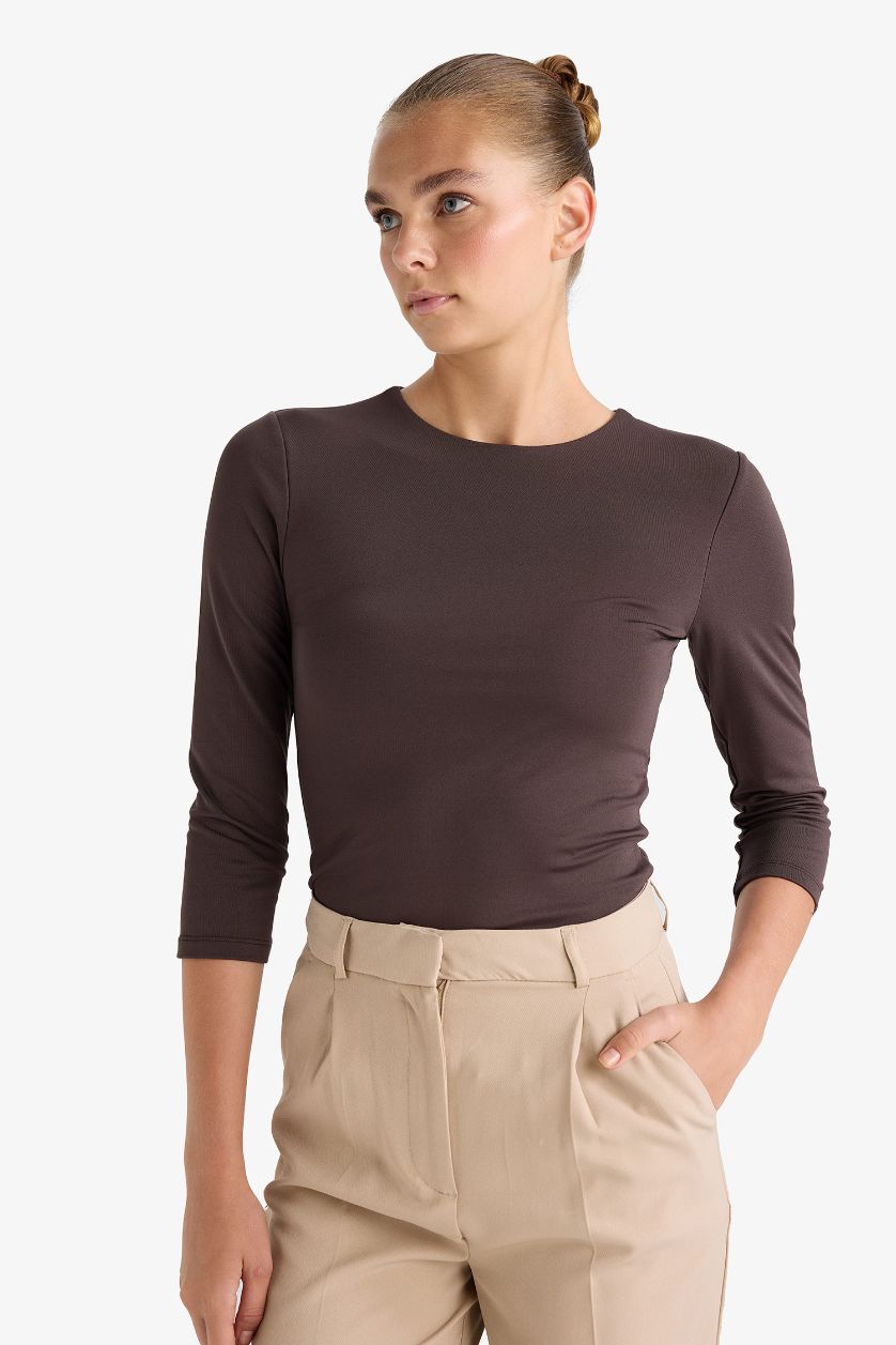 WOMAN Brown Crew Neck Long Sleeve Bodysuit