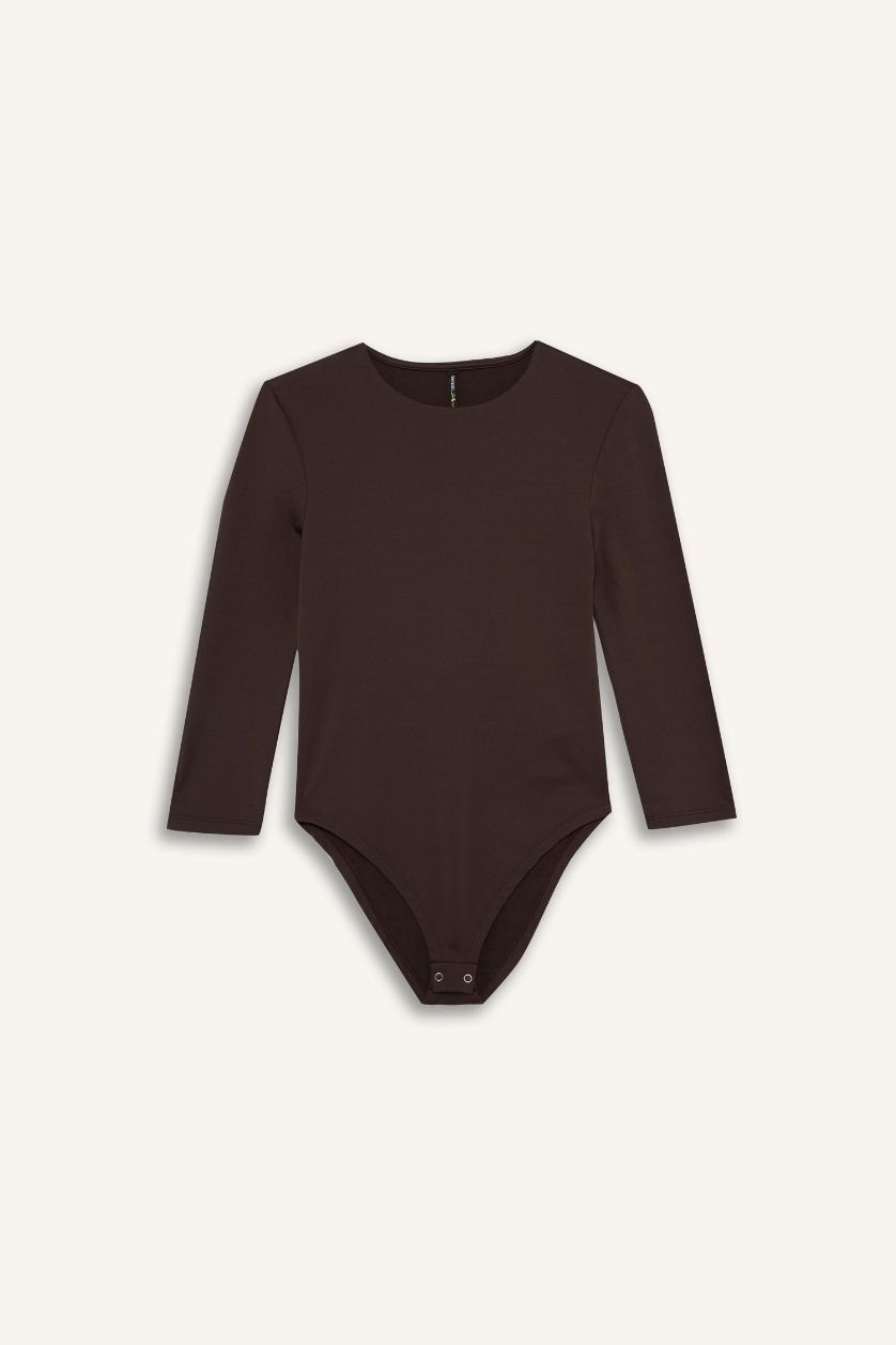 WOMAN Brown Crew Neck Long Sleeve Bodysuit