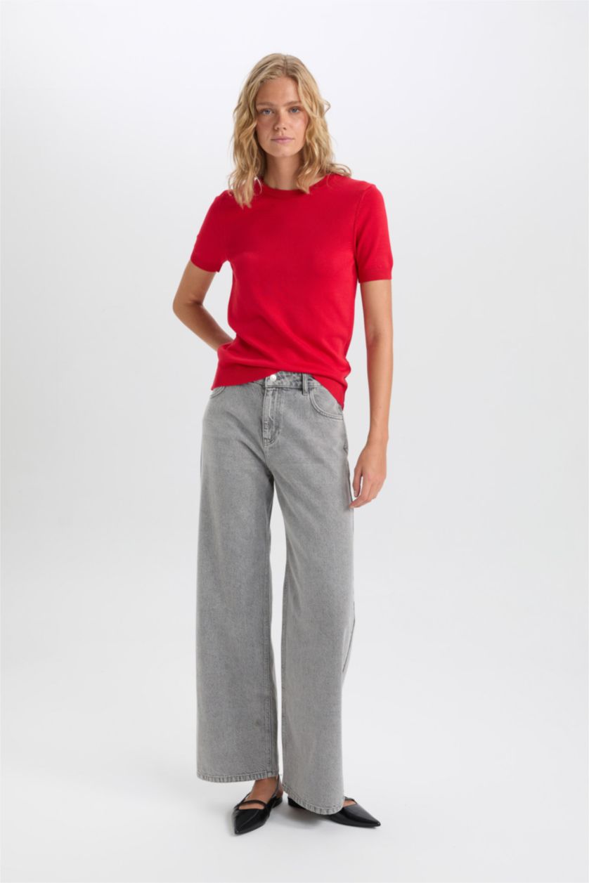 FEMME Rouge Pull en tricot rouge basique à manches courtes et col rond Coupe régulière