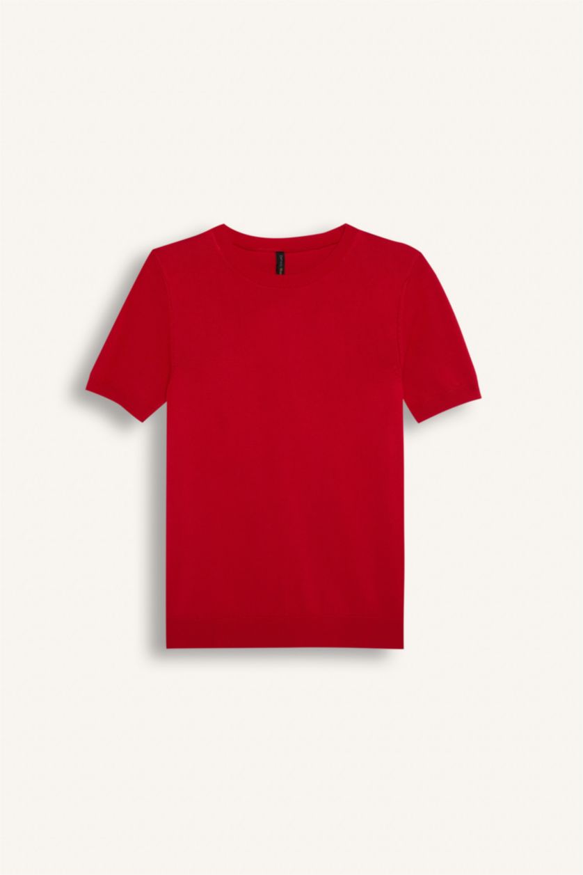 FEMME Rouge Pull en tricot rouge basique à manches courtes et col rond Coupe régulière