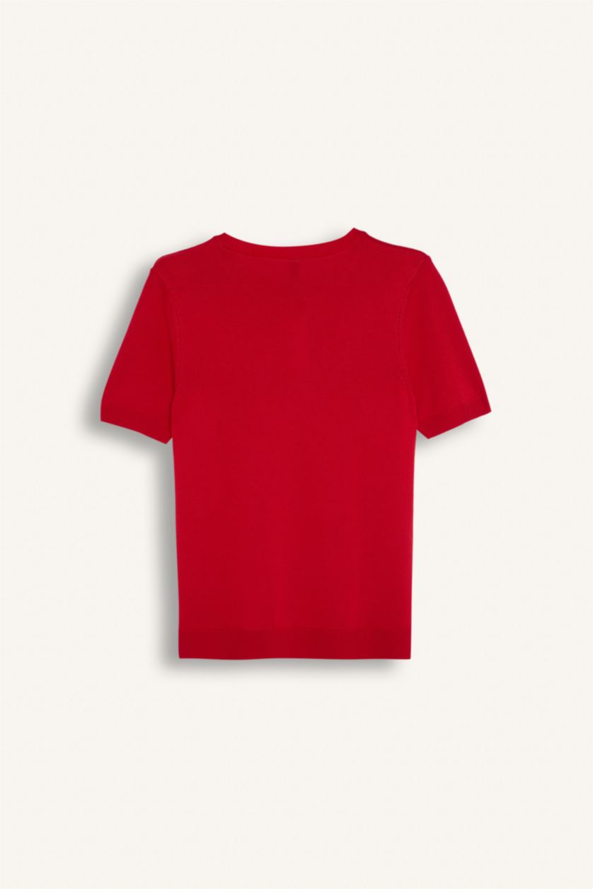 FEMME Rouge Pull en tricot rouge basique à manches courtes et col rond Coupe régulière