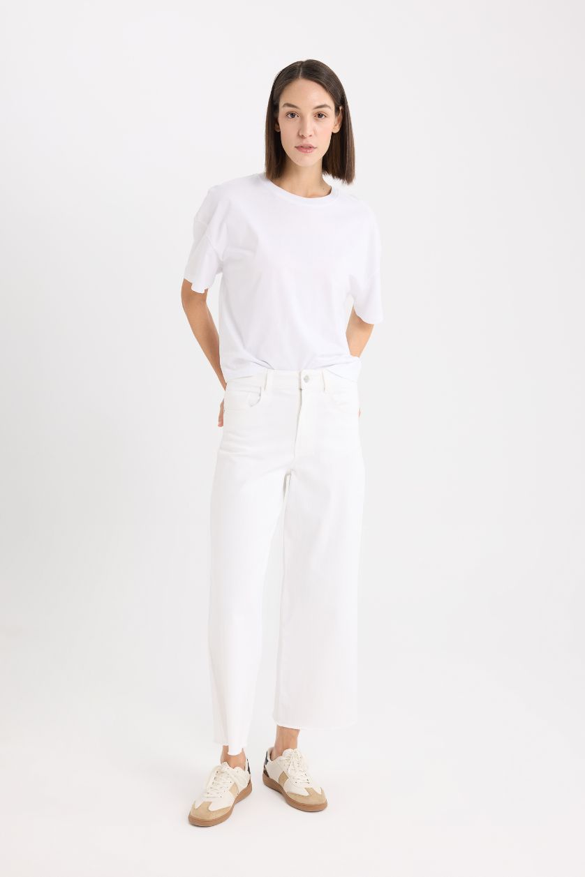 FEMME Écru Pantalon large taille haute en gabardine
