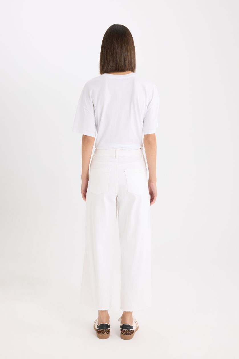 FEMME Écru Pantalon large taille haute en gabardine