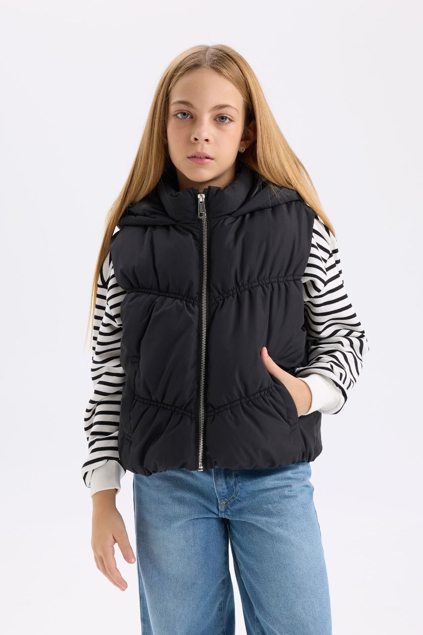 Kız Çocuk - Genç Kız Siyah Su Geçirmez Kapüşonlu Fermuarlı Şişme Yelek Kız Çocuk