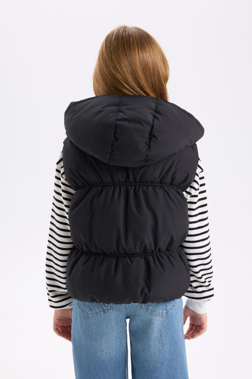 Kız Çocuk - Genç Kız Siyah Su Geçirmez Kapüşonlu Fermuarlı Şişme Yelek Kız Çocuk