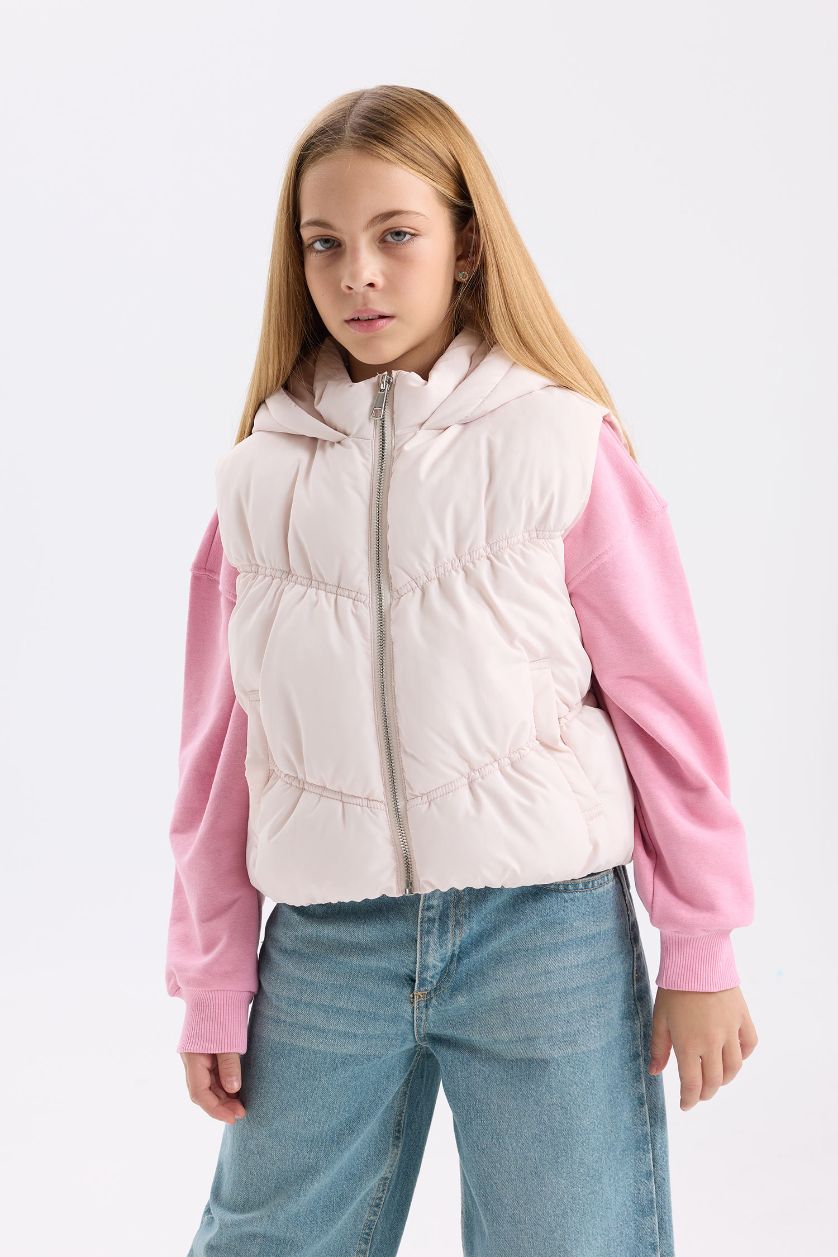Kız Çocuk - Genç Kız Ekru Su Geçirmez Kapüşonlu Fermuarlı Şişme Yelek Kız Çocuk