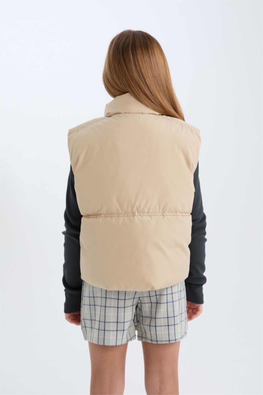 Kız Çocuk - Genç Kız Açık Bej Su Geçirmez Dik Yaka Fermuarlı Cepli Şişme Yelek Kız Çocuk