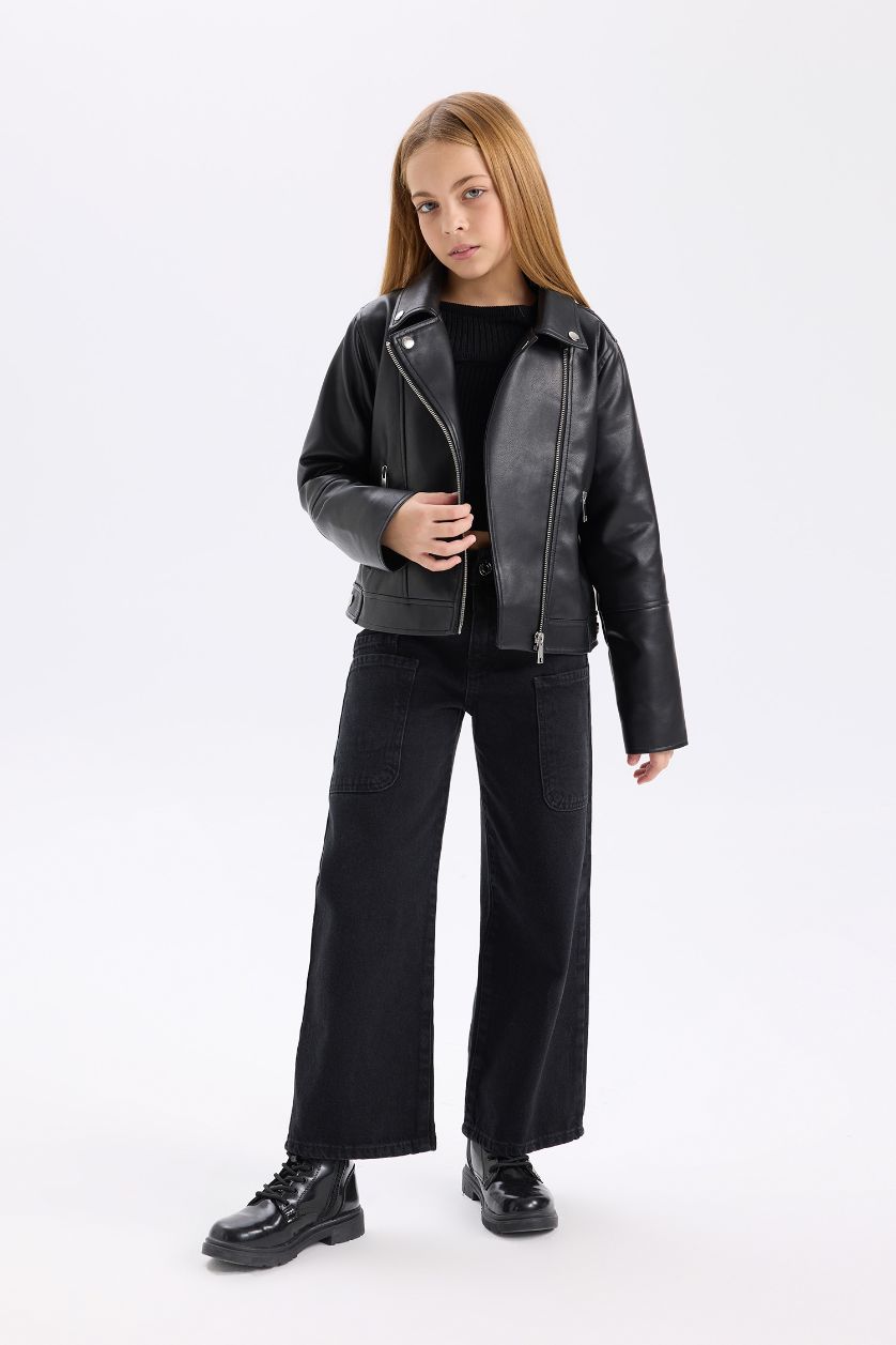 GIRLS & TEENS Black Girl Zippered Faux Leather Waterproof Jacket