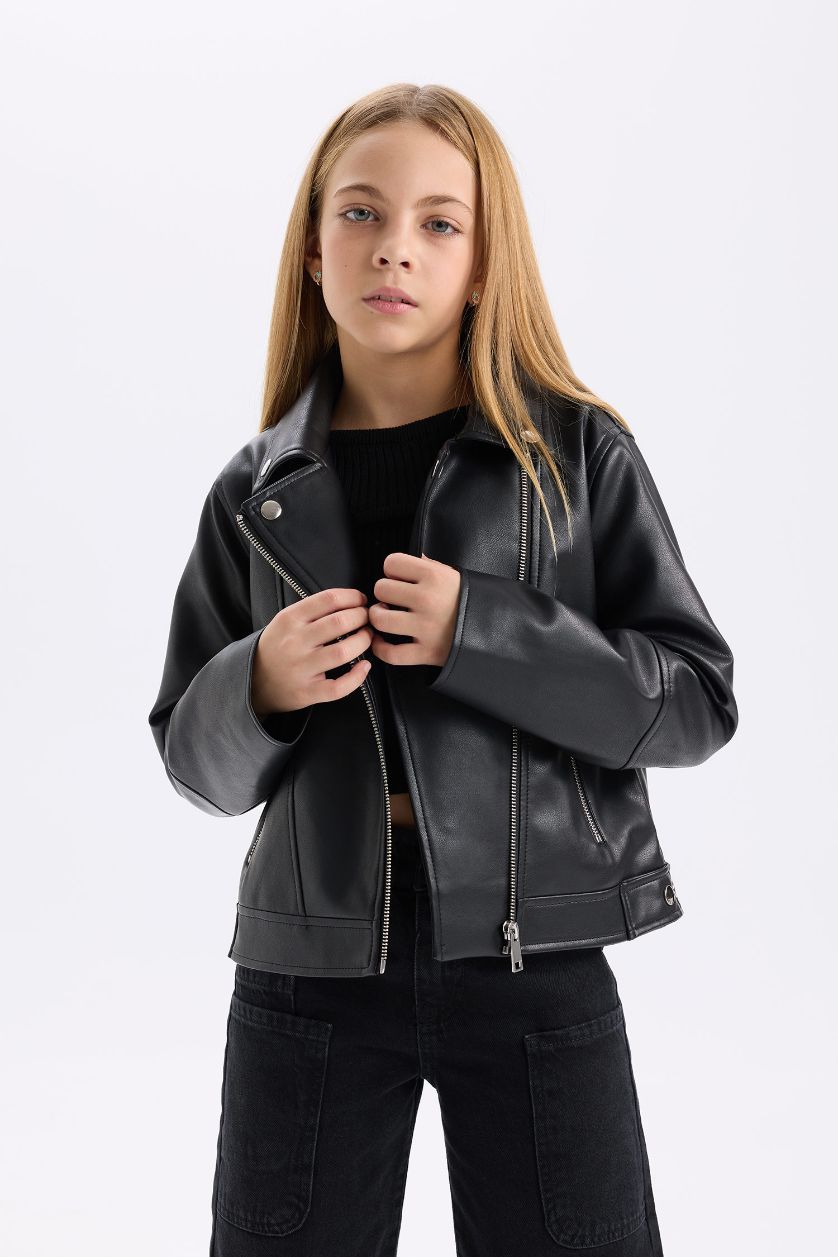 GIRLS & TEENS Black Girl Zippered Faux Leather Waterproof Jacket