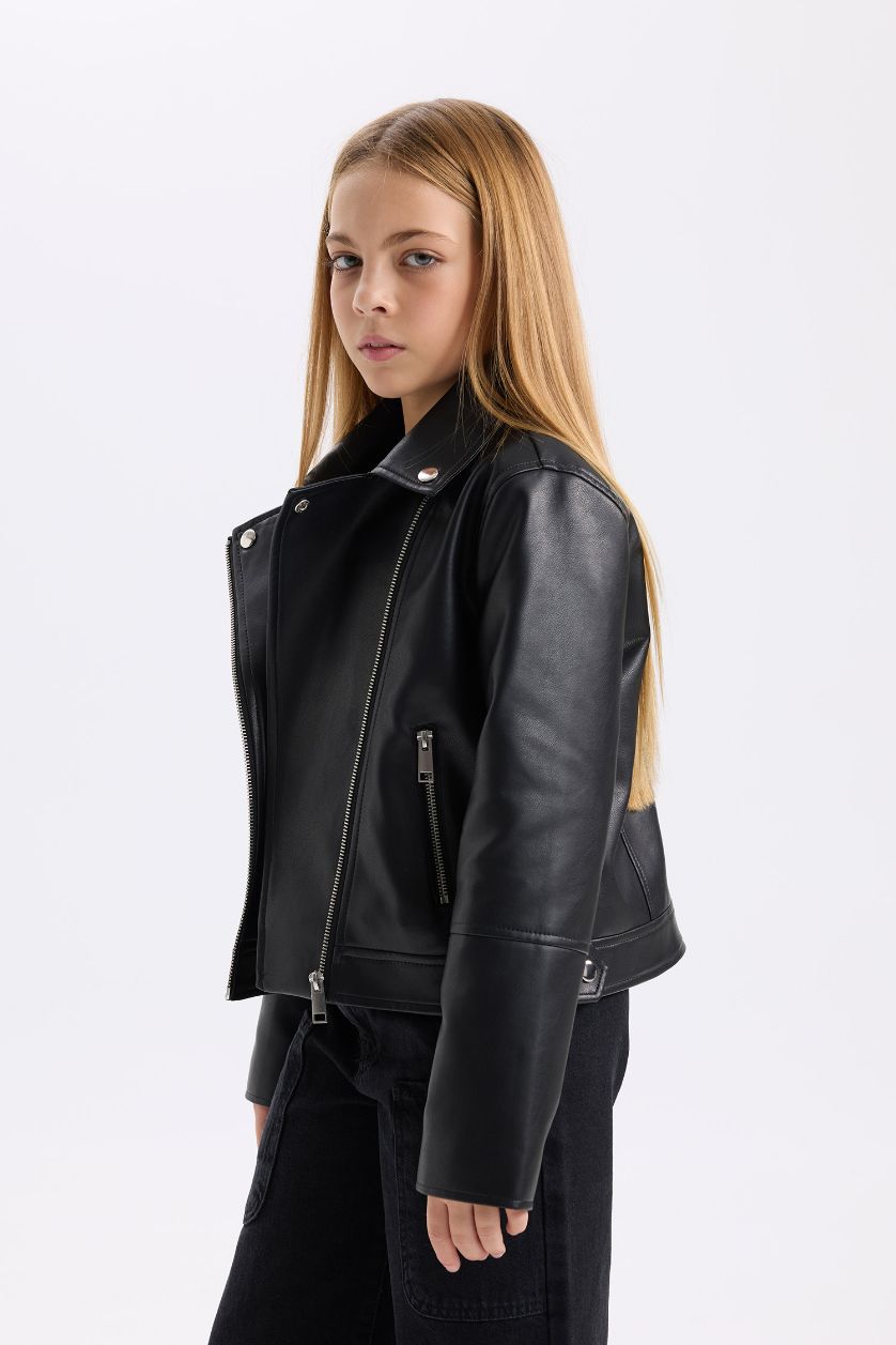 GIRLS & TEENS Black Girl Zippered Faux Leather Waterproof Jacket