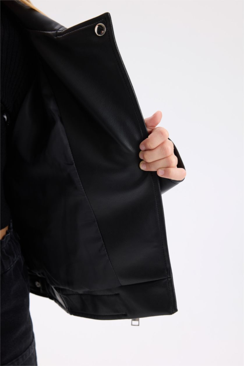 GIRLS & TEENS Black Girl Zippered Faux Leather Waterproof Jacket