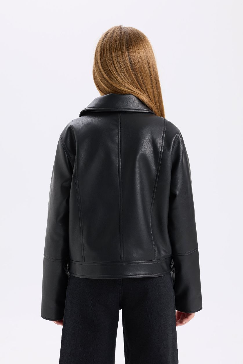 GIRLS & TEENS Black Girl Zippered Faux Leather Waterproof Jacket