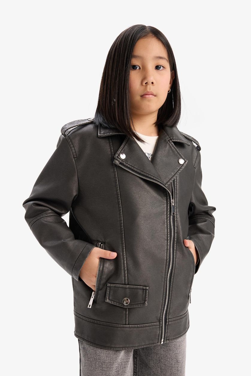 بناتي أسود جاكيت بناتي جلد صناعي وتر بروف بسوسته