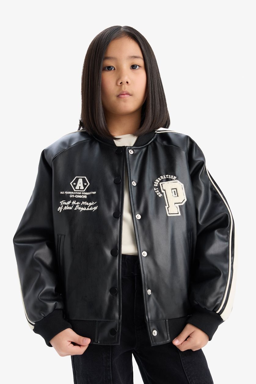 GIRLS & TEENS Black Girl College Collar Waterproof Bomber Jacket