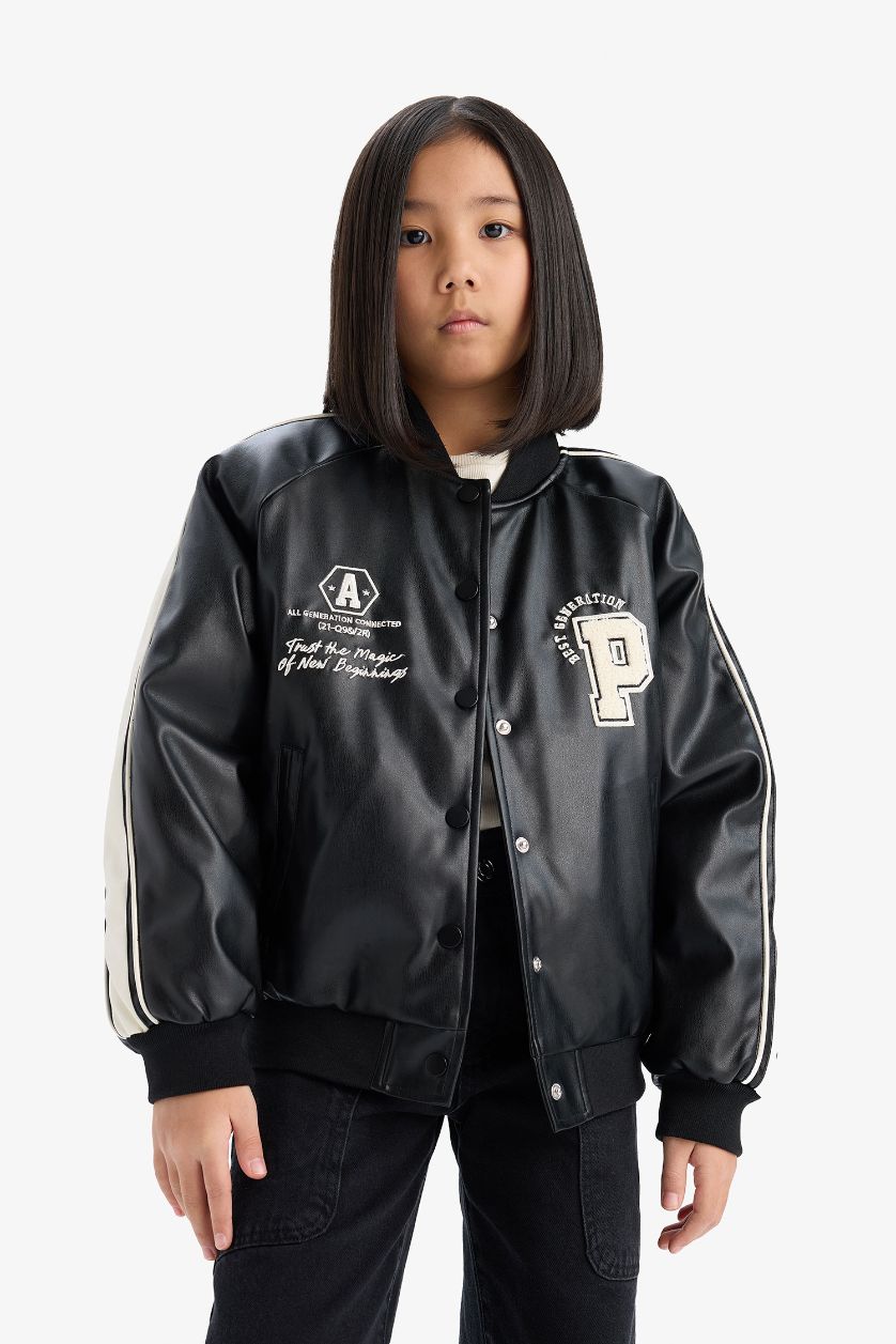 GIRLS & TEENS Black Girl College Collar Waterproof Bomber Jacket