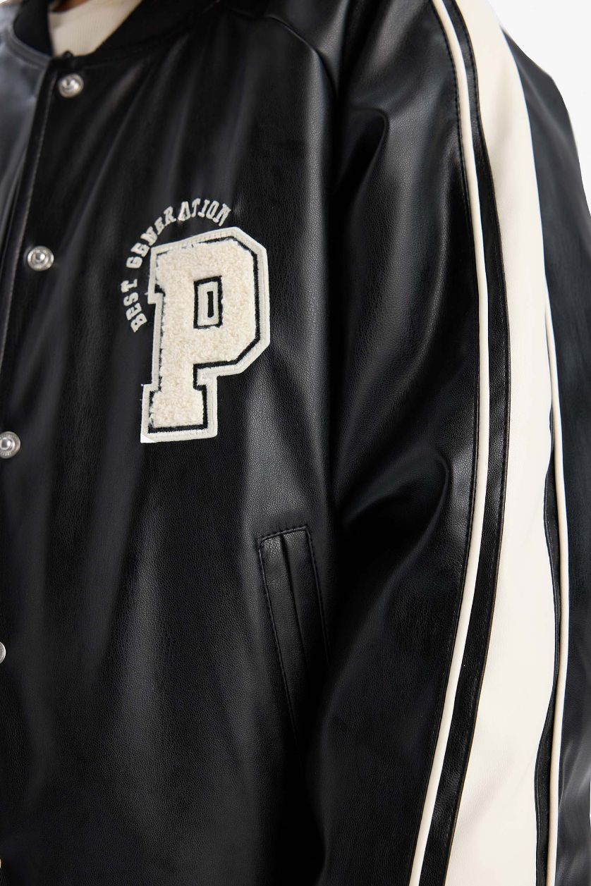 GIRLS & TEENS Black Girl College Collar Waterproof Bomber Jacket