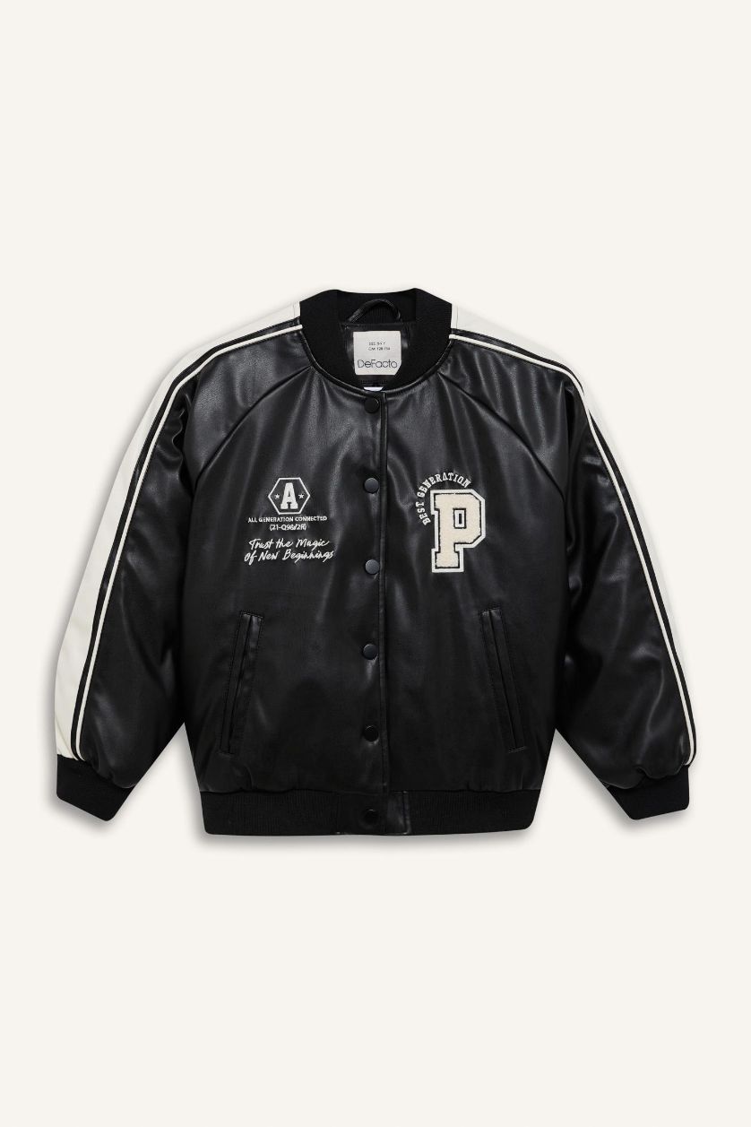 GIRLS & TEENS Black Girl College Collar Waterproof Bomber Jacket