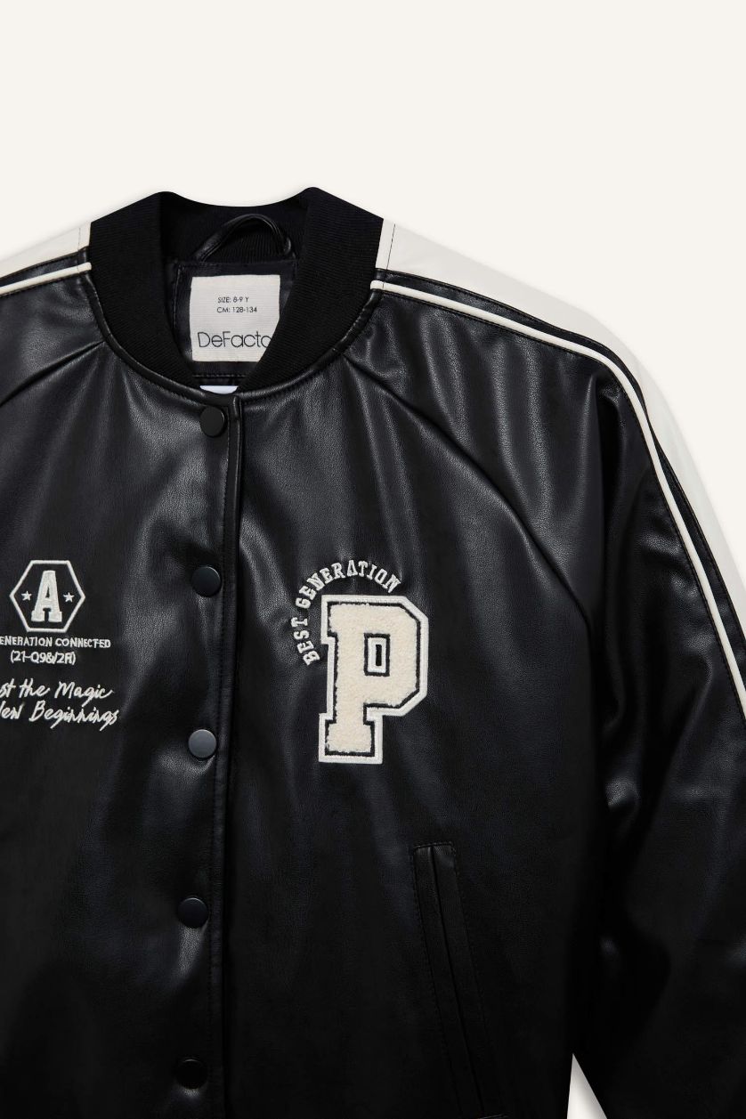 GIRLS & TEENS Black Girl College Collar Waterproof Bomber Jacket