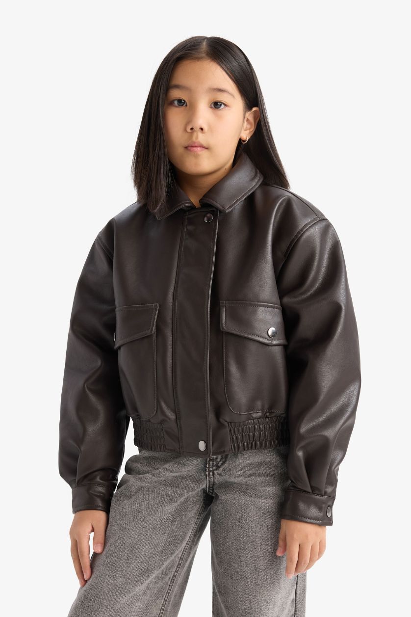 Kız Çocuk - Genç Kız Kahve Su Geçirmez Fermuarlı Çıtçıtlı Cepli Suni Deri Mont Ceket Kız Çocuk