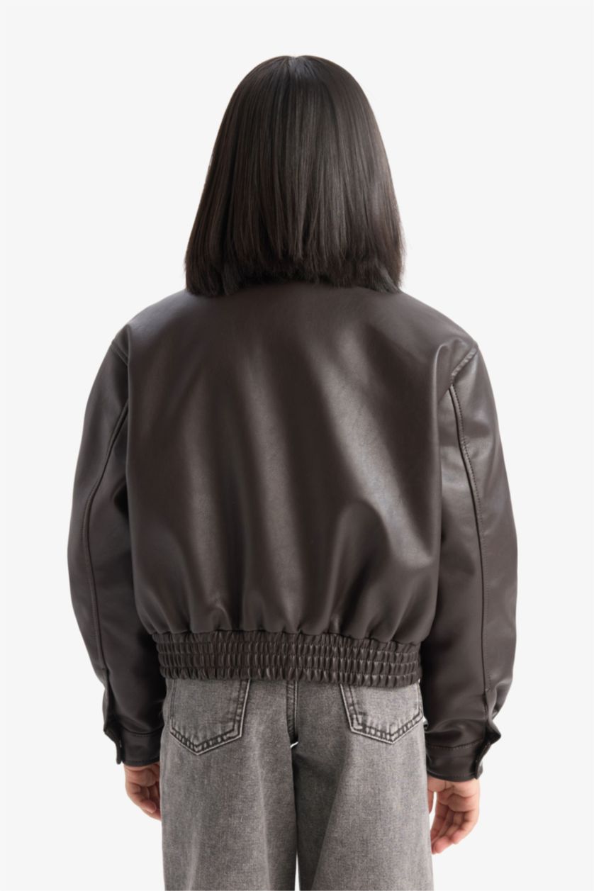 Kız Çocuk - Genç Kız Kahve Su Geçirmez Fermuarlı Çıtçıtlı Cepli Suni Deri Mont Ceket Kız Çocuk