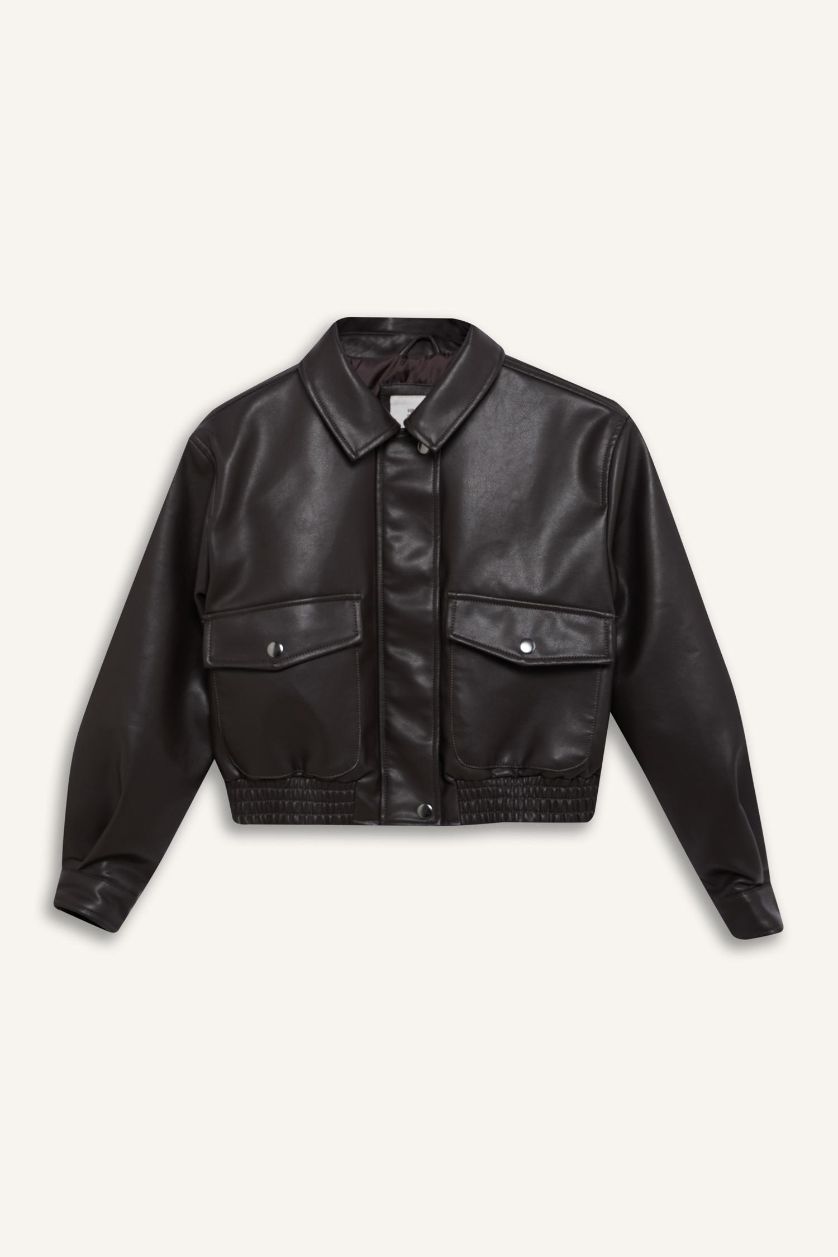 Kız Çocuk - Genç Kız Kahve Su Geçirmez Fermuarlı Çıtçıtlı Cepli Suni Deri Mont Ceket Kız Çocuk