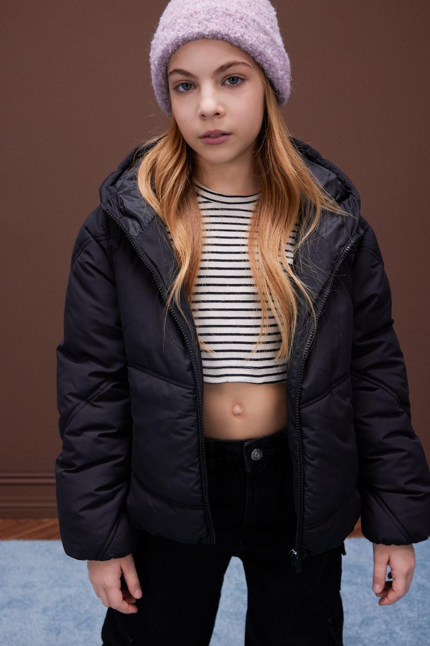 Kız Çocuk - Genç Kız Siyah Su Geçirmez Kapüşonlu Fermuarlı Cepli Şişme Mont Kız Çocuk