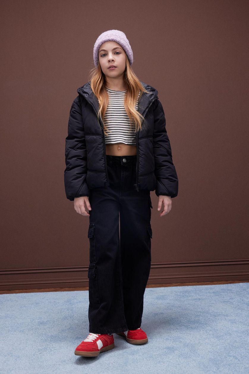 Kız Çocuk - Genç Kız Siyah Su Geçirmez Kapüşonlu Fermuarlı Cepli Şişme Mont Kız Çocuk