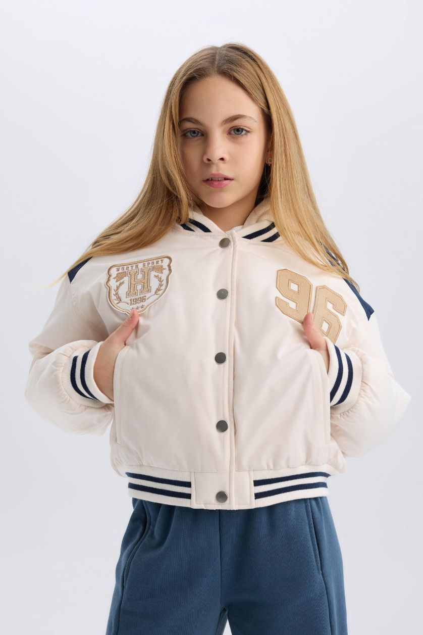 Kız Çocuk - Genç Kız Ekru Su Geçirmez Şişme Bomber Mont Kapüşonlu Kolej Yaka Nakışlı Cepli Kız Çocuk