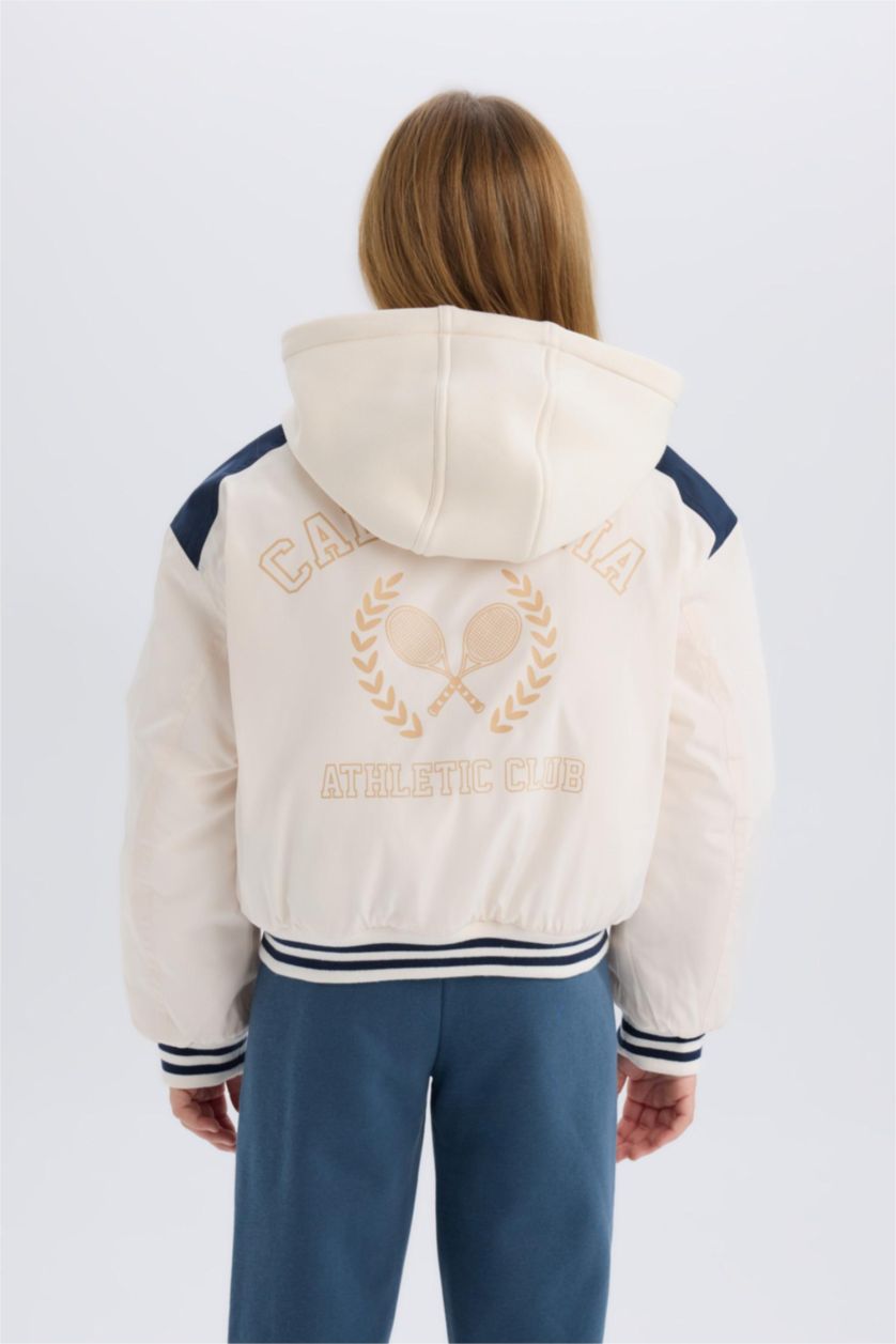 Kız Çocuk - Genç Kız Ekru Su Geçirmez Şişme Bomber Mont Kapüşonlu Kolej Yaka Nakışlı Cepli Kız Çocuk