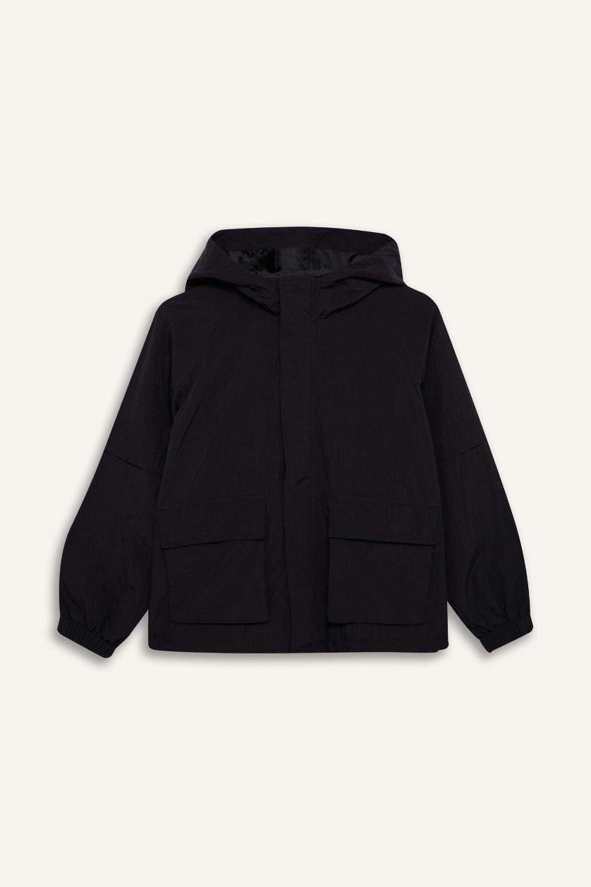 Kız Çocuk - Genç Kız Siyah Su İtici Kapüşonlu Fermuarlı Çıtçıtlı Cepli Yağmurluk Kız Çocuk