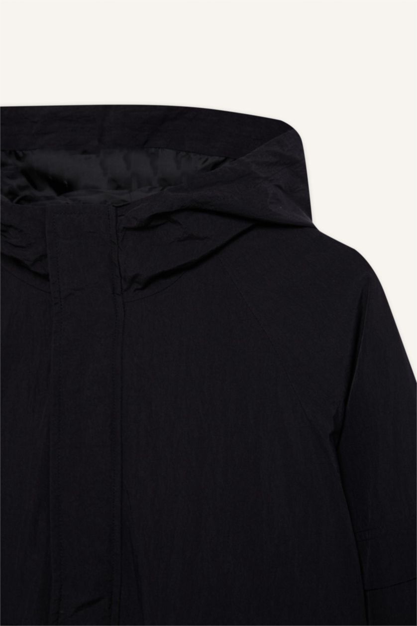 Kız Çocuk - Genç Kız Siyah Su İtici Kapüşonlu Fermuarlı Çıtçıtlı Cepli Yağmurluk Kız Çocuk