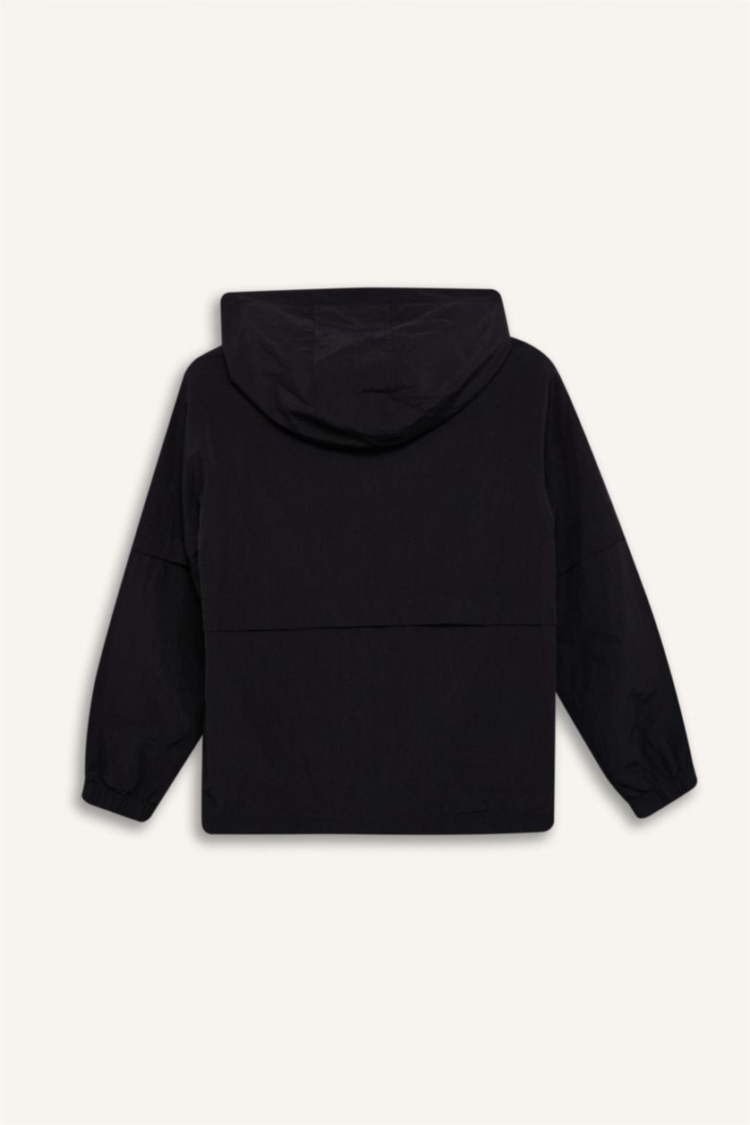 Kız Çocuk - Genç Kız Siyah Su İtici Kapüşonlu Fermuarlı Çıtçıtlı Cepli Yağmurluk Kız Çocuk